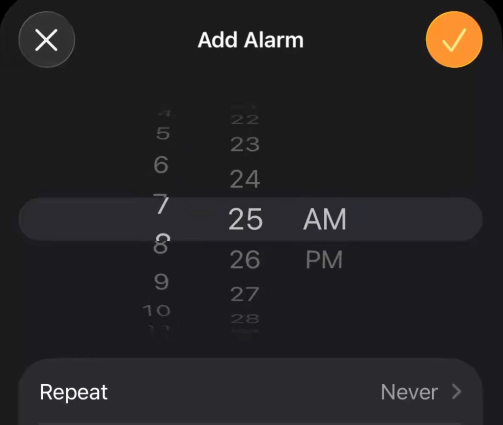 IPhone alarm approne elector showing a list of times.
