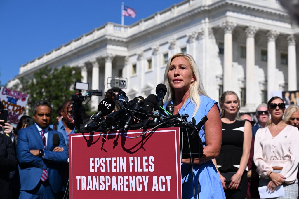 Marjorie Taylor Greene speaking at a press conference in support of Epstein Files' transparency act.