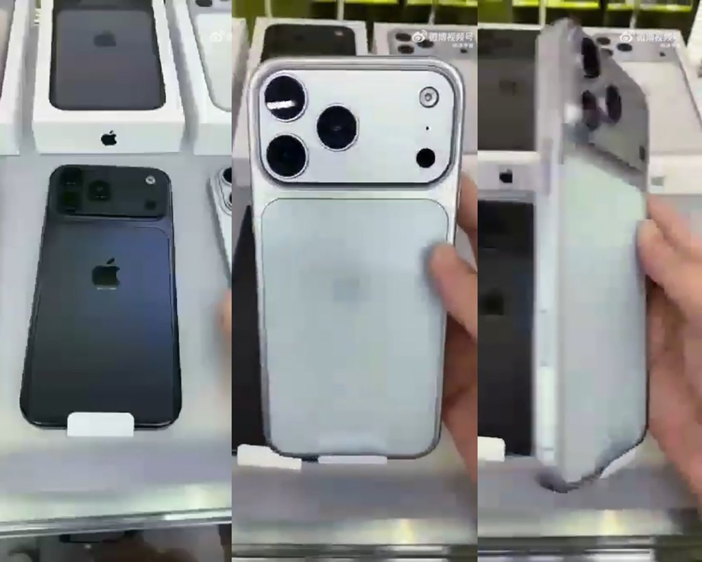 A Weibo clip that is allegedly shot in an iPhone production line shows a silver cellphone with a full width camera strip lying on top.